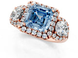 Rose gold Fancy Blue Asscher Cut Diamond Three-Stone Halo Ring with Prong Setting and Pavé Accents_1