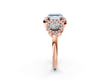 Rose gold Fancy Blue Asscher Cut Diamond Three-Stone Halo Ring with Prong Setting and Pavé Accents_2