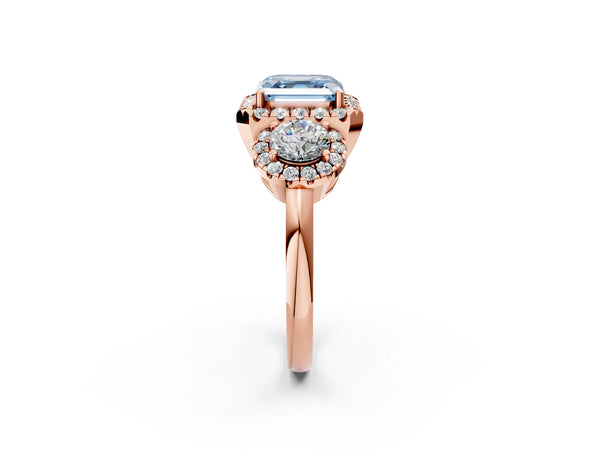 Rose gold Fancy Blue Asscher Cut Diamond Three-Stone Halo Ring with Prong Setting and Pavé Accents