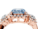 Rose gold Fancy Blue Asscher Cut Diamond Three-Stone Halo Ring with Prong Setting and Pavé Accents_4