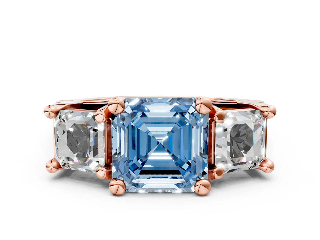 Rose gold Fancy Blue Asscher Cut Diamond Three-Stone Ring with Channel Set Band and Four-Prong Setting_57