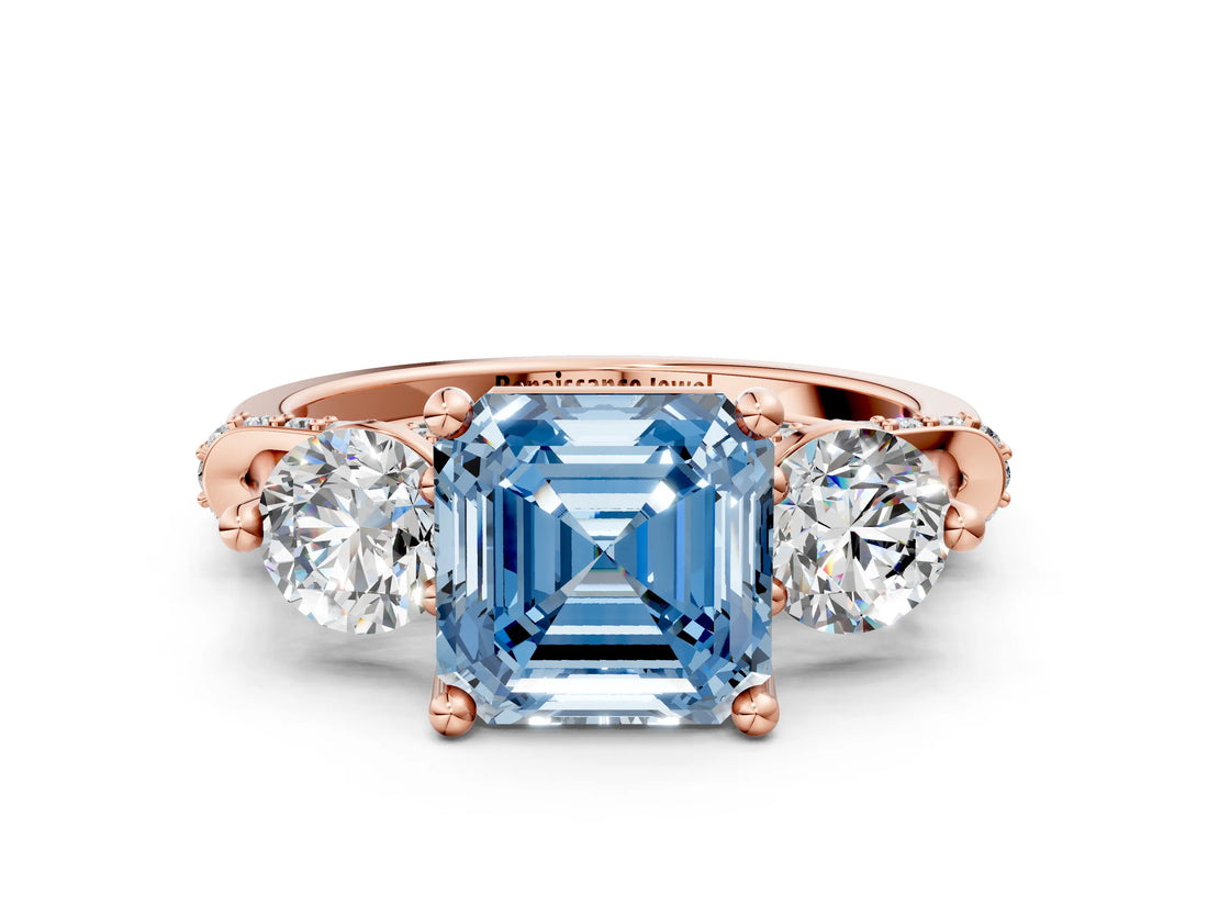 Rose gold Fancy Blue Asscher Cut Diamond Three-Stone Ring with Prong Setting and Pavé Band