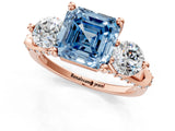 Rose gold Fancy Blue Asscher Cut Diamond Three-Stone Ring with Prong Setting and Pavé Band_1