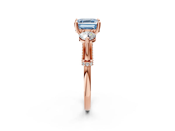 Rose Gold Asscher Cut Curved Pave Three Stone Engagement Ring Setting for Fancy Blue Center