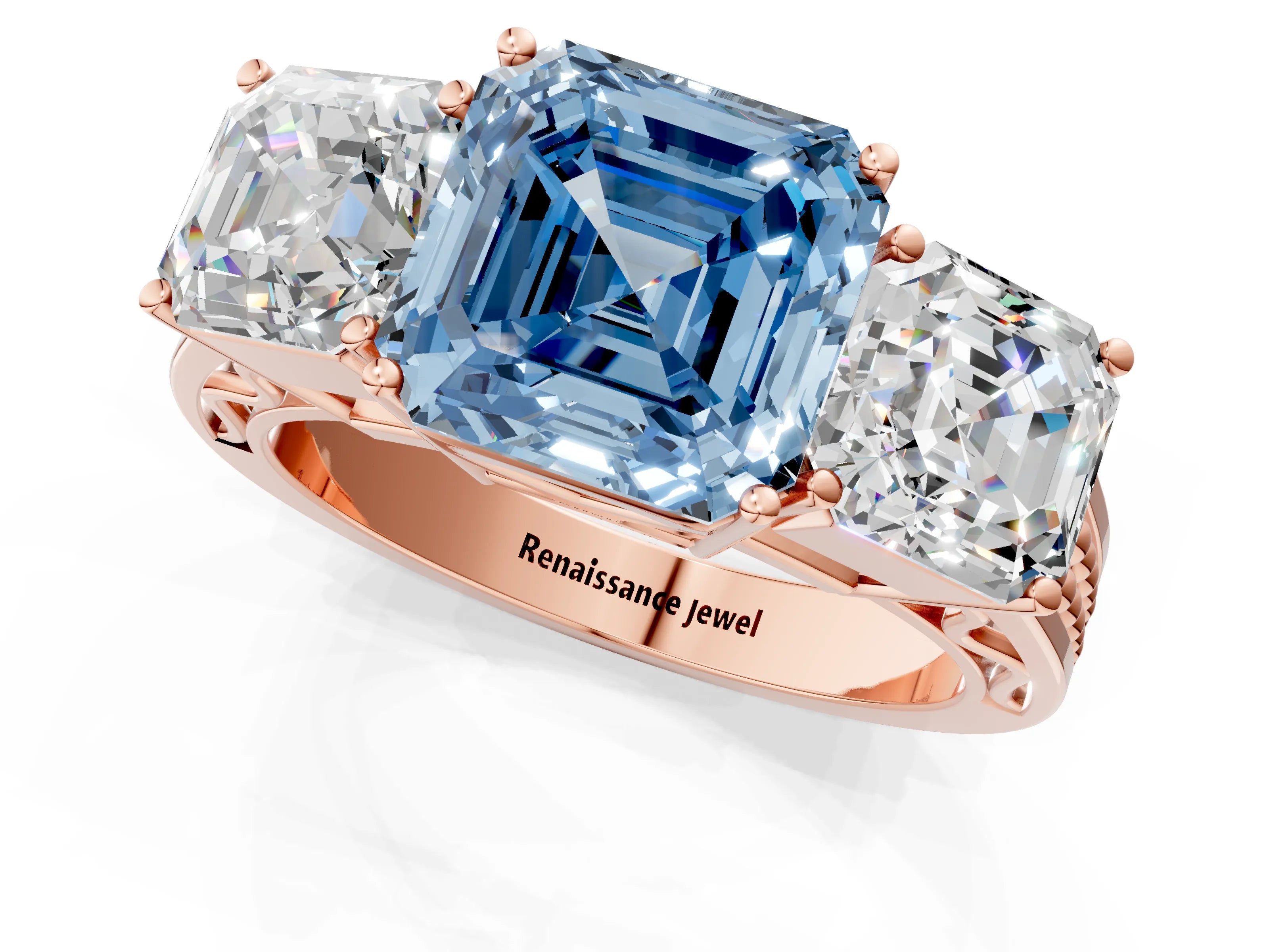 Rose gold Fancy Blue Asscher Cut Diamond Three-Stone Ring with Prong Setting and Textured Band_1