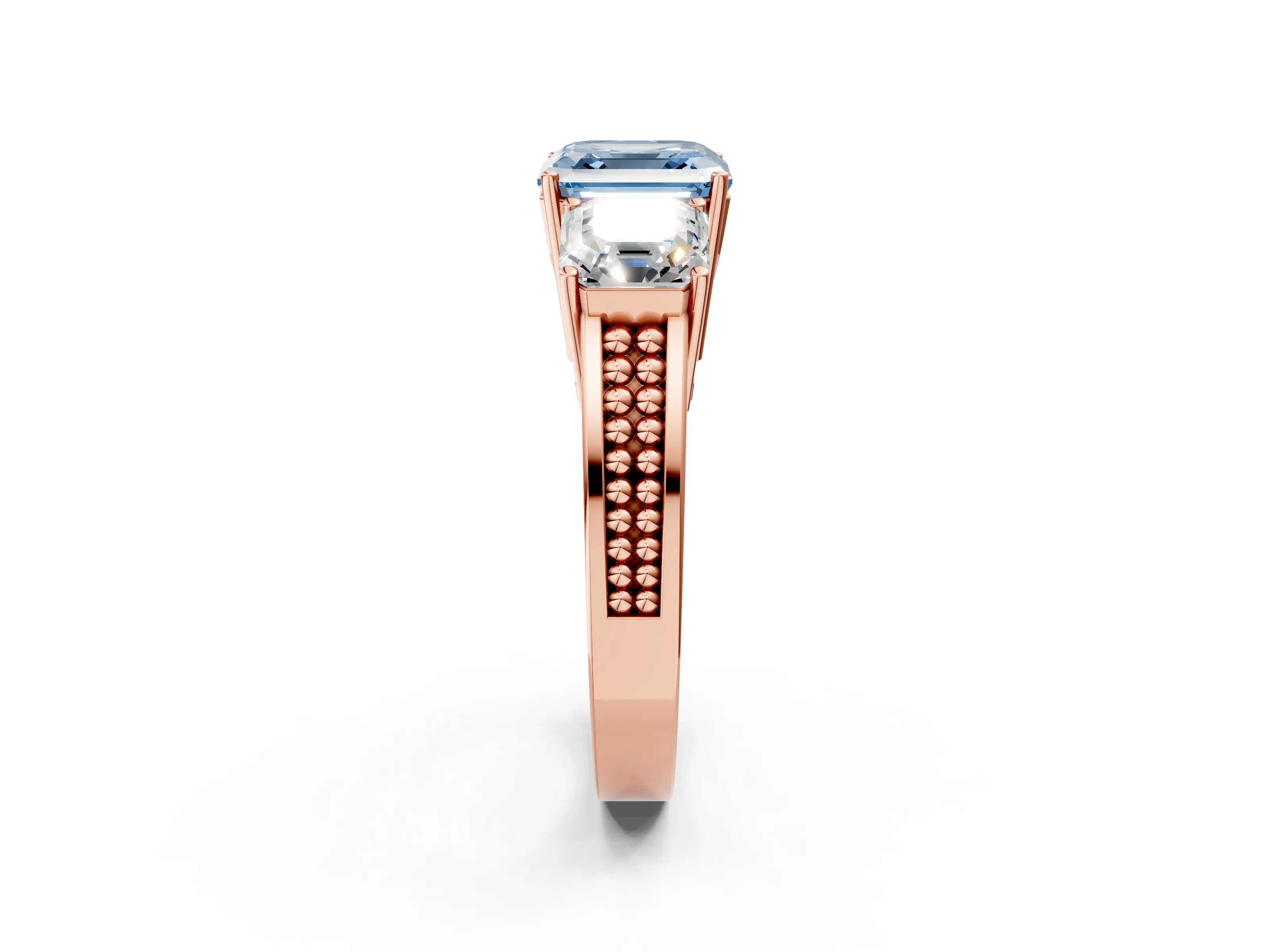 Rose gold Fancy Blue Asscher Cut Diamond Three-Stone Ring with Prong Setting and Textured Band_2
