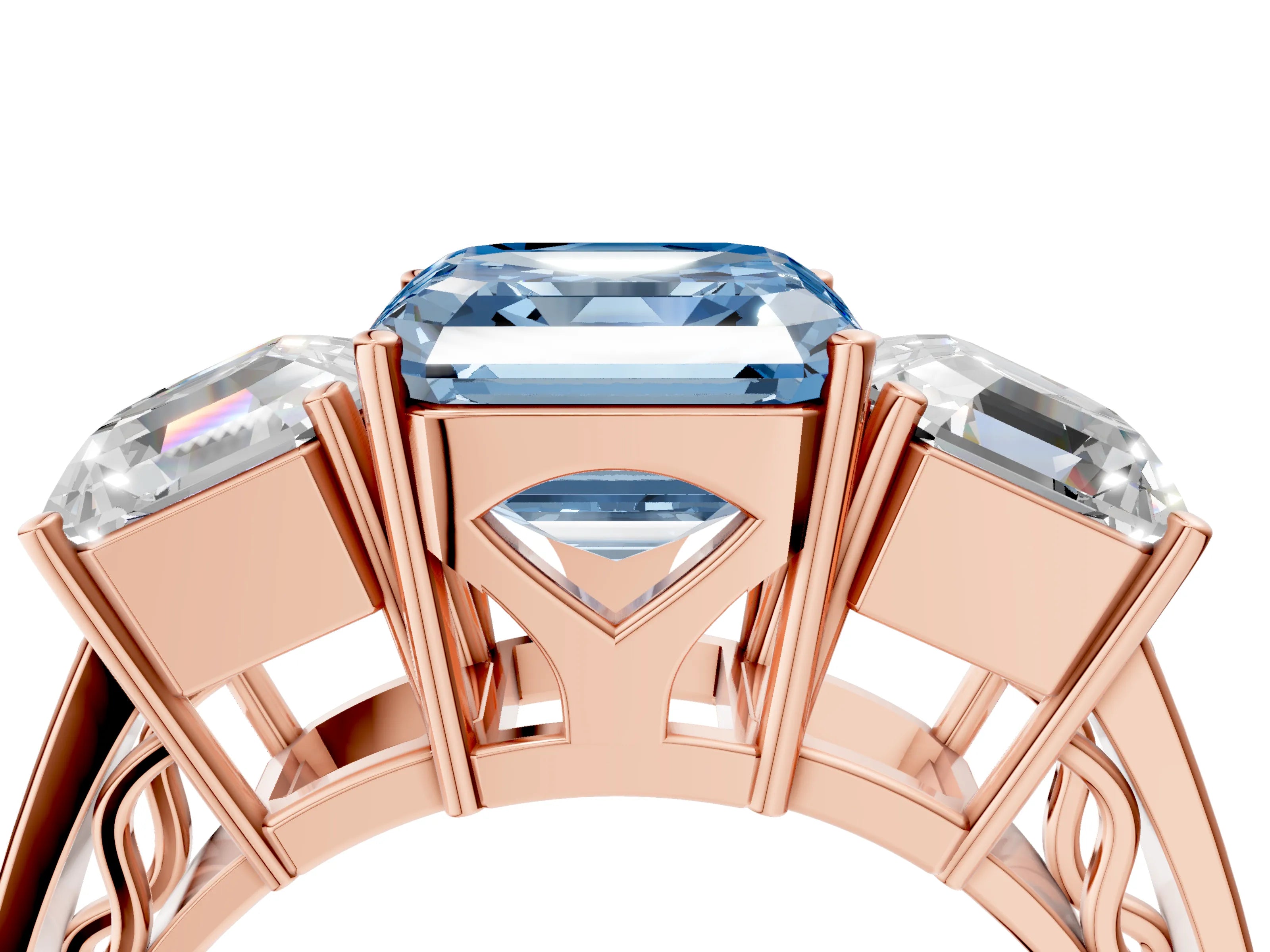 Rose gold Fancy Blue Asscher Cut Diamond Three-Stone Ring with Prong Setting and Textured Band_4