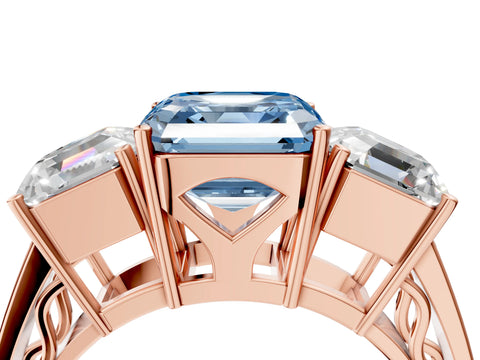 Rose gold Fancy Blue Asscher Cut Diamond Three-Stone Ring with Prong Setting and Textured Band_4