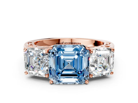 Rose gold Fancy Blue Asscher Cut Diamond Three-Stone Ring with Prong Setting and Textured Band