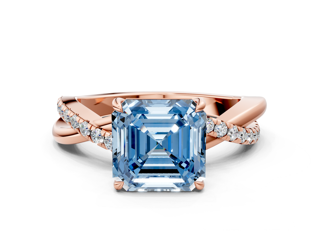 Rose gold Fancy Blue Asscher  Cut Diamond Twisted Band with Pavé Setting and Four-Prong Setting_29