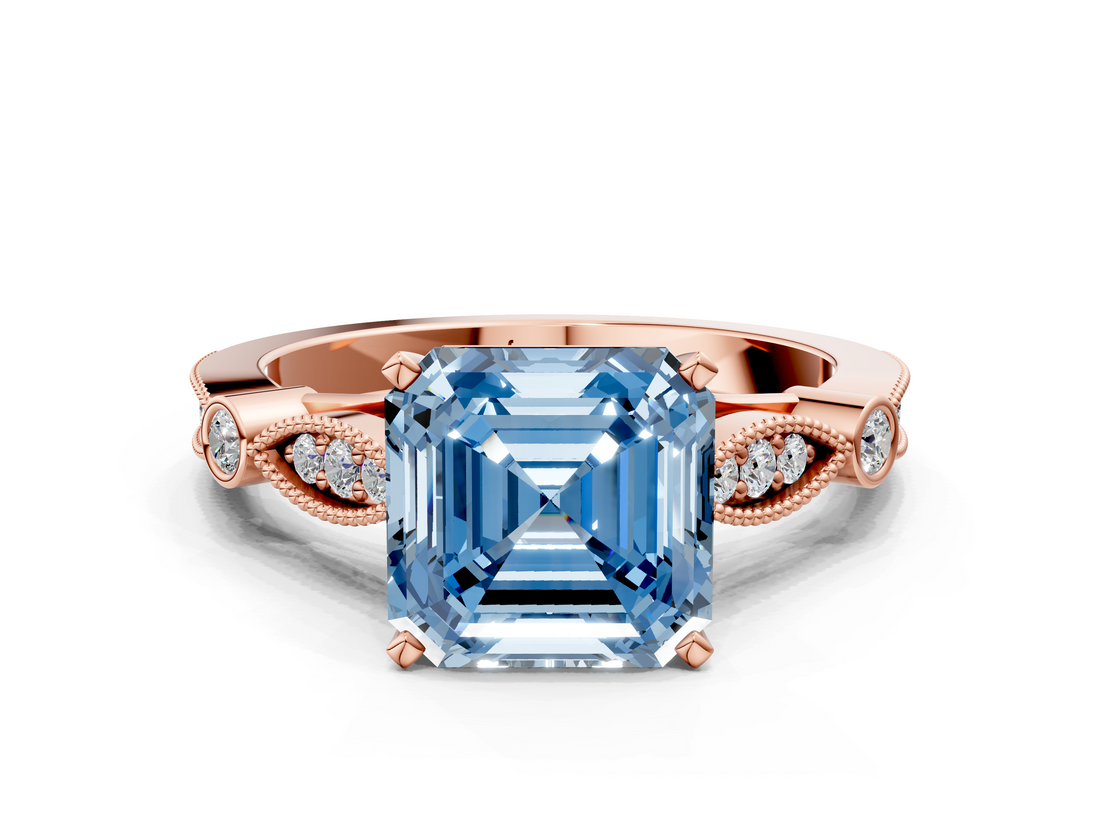 Rose gold Fancy Blue Asscher  Cut Diamond with Milgrain Marquise and Bezel Accents on a Solitaire Band with Prong Setting_17