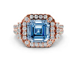 Rose gold Fancy Blue Asscher  Cut Double Halo Diamond Engagement Ring with Pave Band and Four-Prong Setting