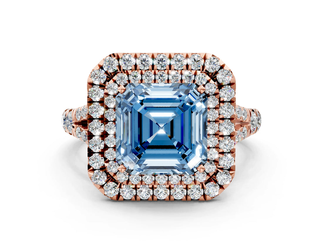 Rose gold Fancy Blue Asscher  Cut Double Halo Split Shank Diamond Ring with Prong Setting_46