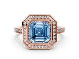 Rose gold Fancy Blue Asscher Cut Halo Bezel Diamond Pave Band Ring