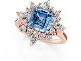 Rose gold Fancy Blue Asscher Cut Halo Diamond Cluster Ring with Marquise and Round Stones on a White Gold Band with Prong Setting_1