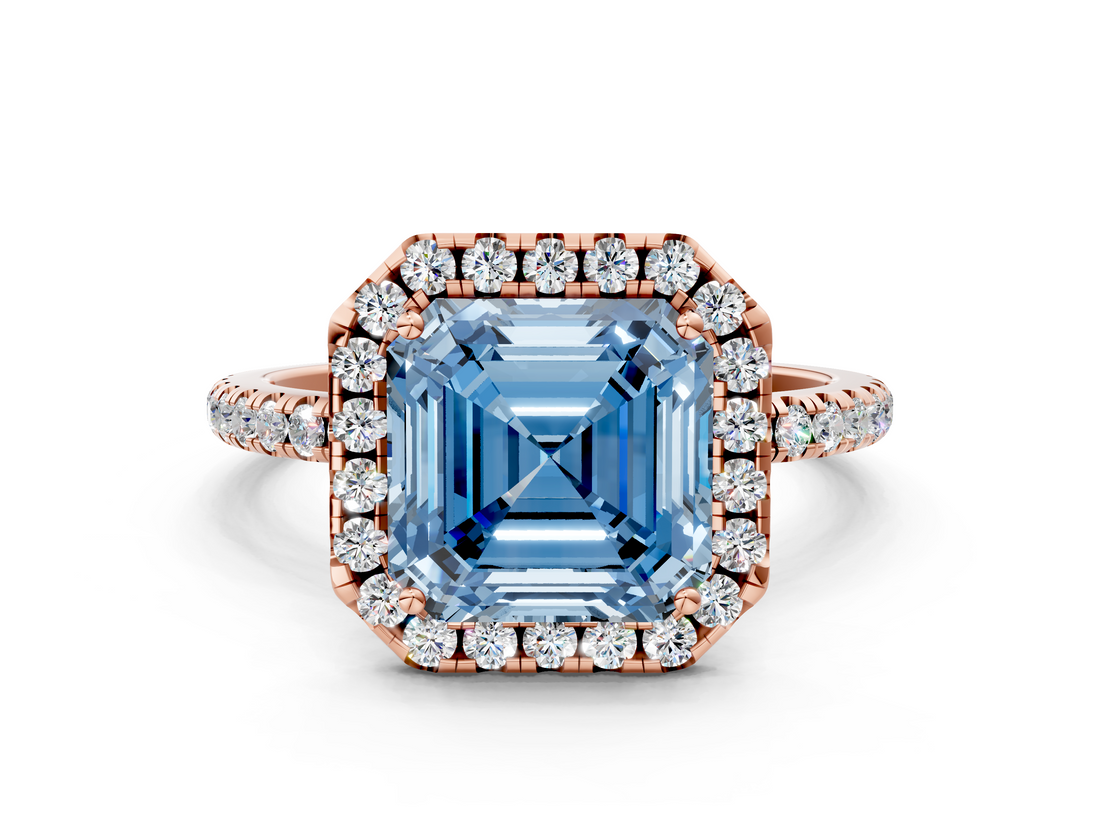 Rose gold Fancy Blue Asscher  Cut Halo Diamond Engagement Ring with Pave Band and Four-Prong Setting