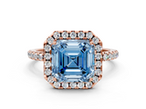 Rose gold Fancy Blue Asscher  Cut Halo Diamond Engagement Ring with Pave Band and Four-Prong Setting
