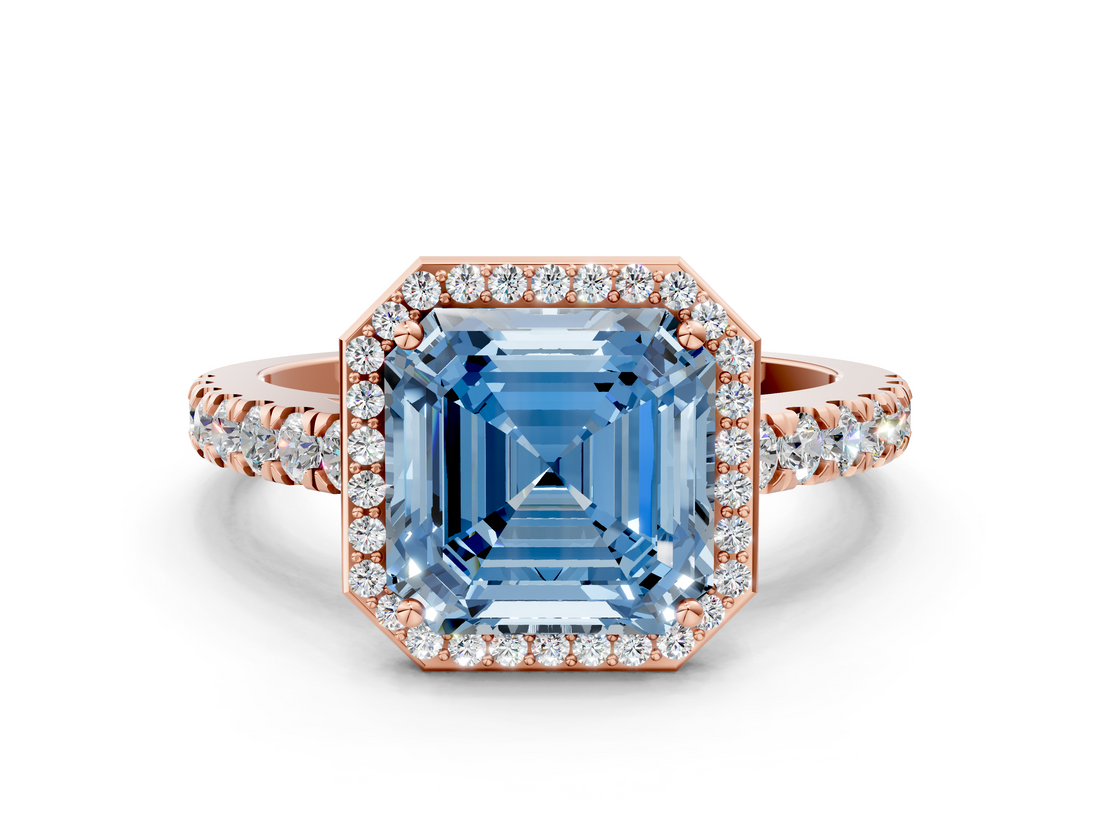 Rose gold Fancy Blue Asscher  Cut Halo Diamond Engagement Ring with Pave Band and Four-Prong Setting_17