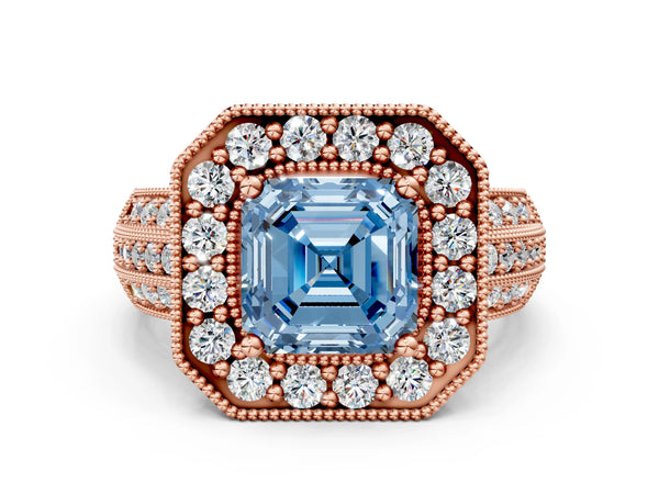 Rose gold Fancy Blue Asscher Cut Halo Diamond Engagement Ring with Pave Split Shank and Four-Prong Setting