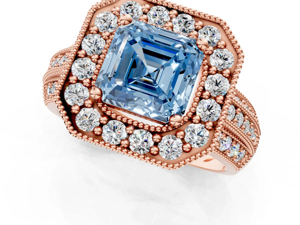 Rose gold Fancy Blue Asscher Cut Halo Diamond Engagement Ring with Pave Split Shank and Four-Prong Setting