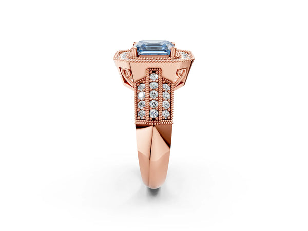 Rose gold Fancy Blue Asscher Cut Halo Diamond Engagement Ring with Pave Split Shank and Four-Prong Setting