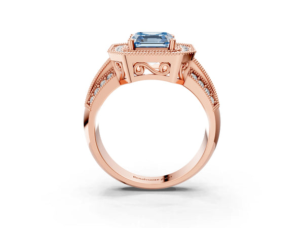 Rose gold Fancy Blue Asscher Cut Halo Diamond Engagement Ring with Pave Split Shank and Four-Prong Setting