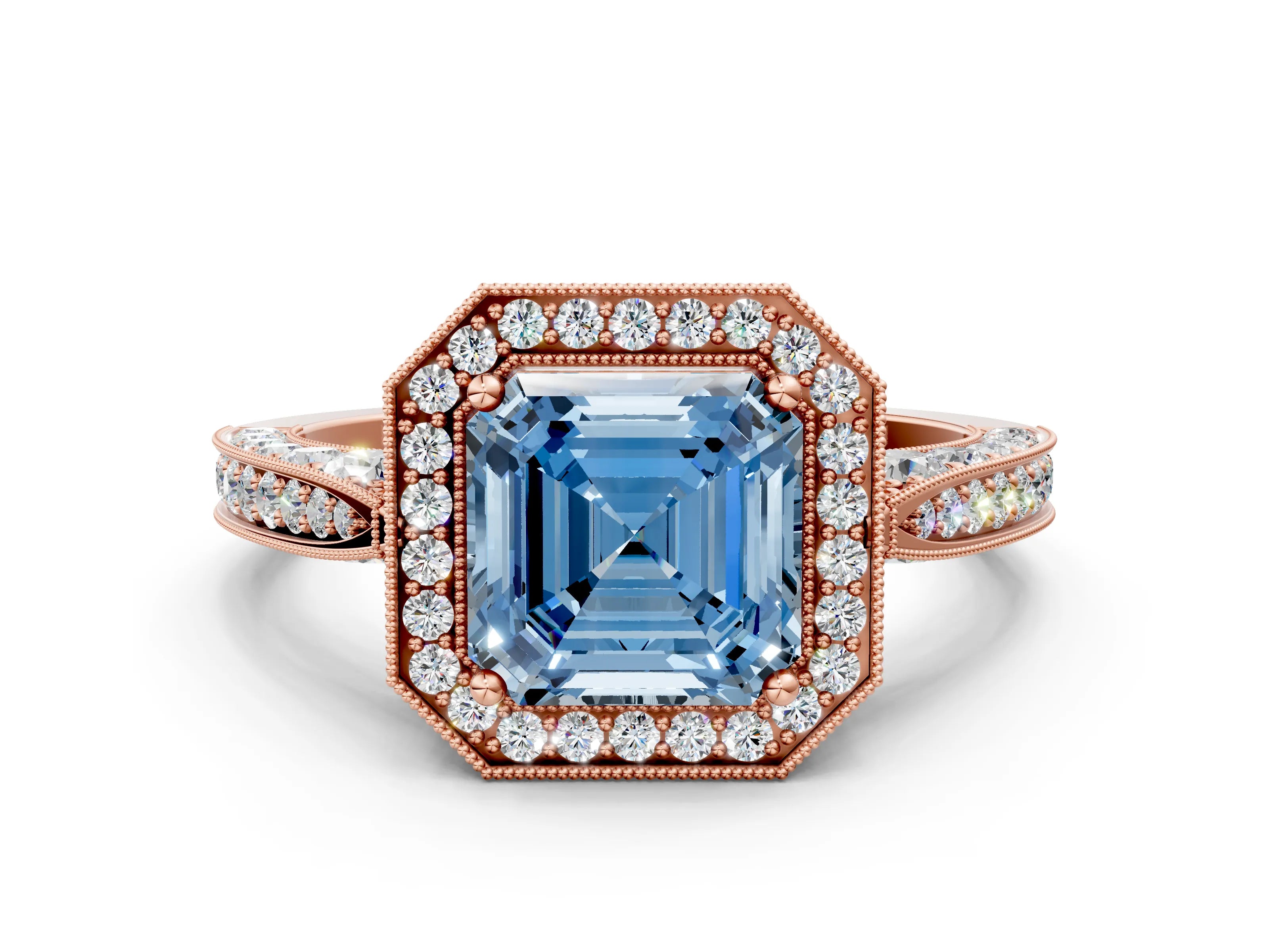 Rose gold Fancy Blue Asscher Cut Halo Diamond Engagement Ring with Split Shank Band and Four-Prong Setting