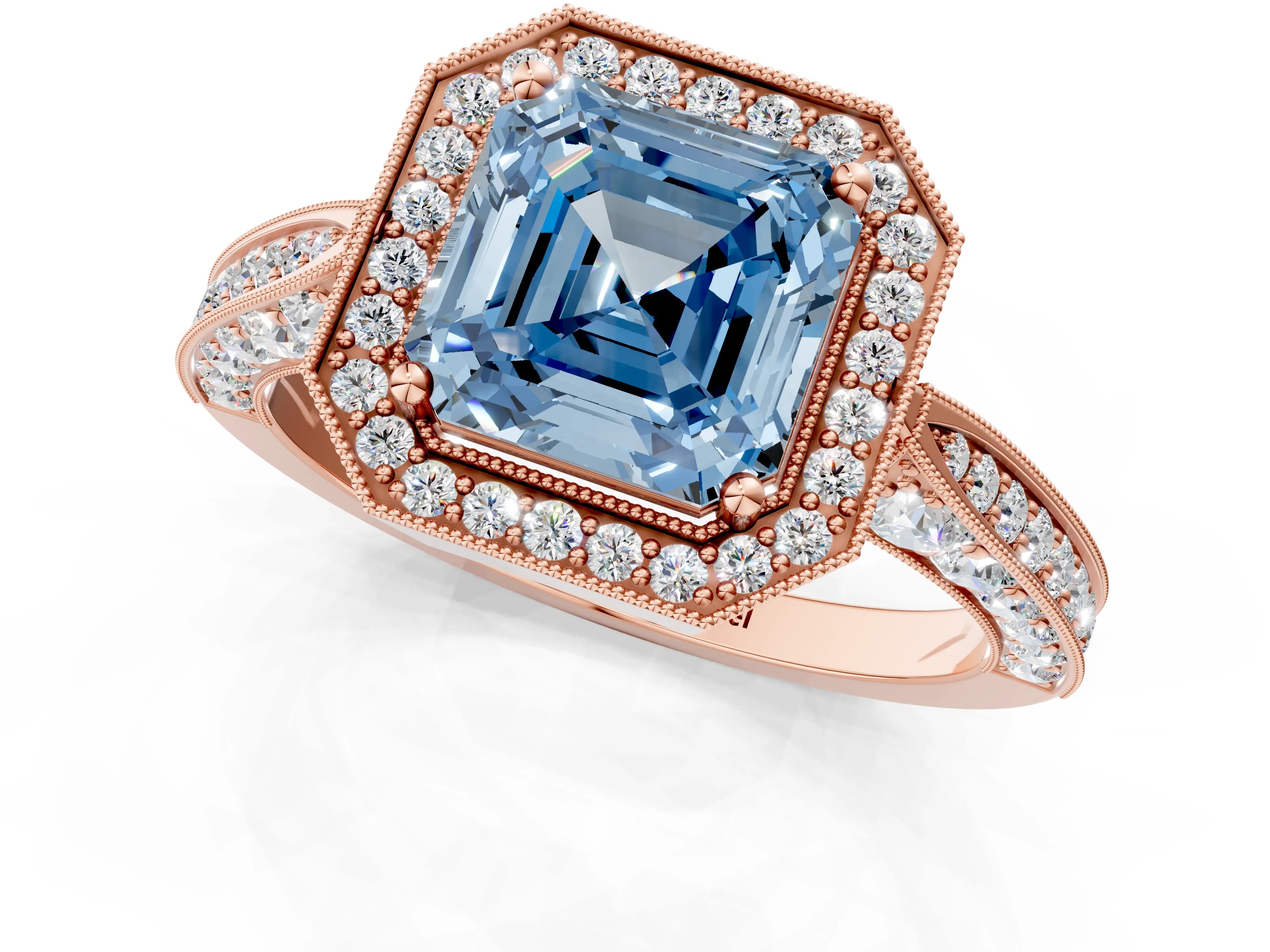 Rose gold Fancy Blue Asscher Cut Halo Diamond Engagement Ring with Split Shank Band and Four-Prong Setting_1