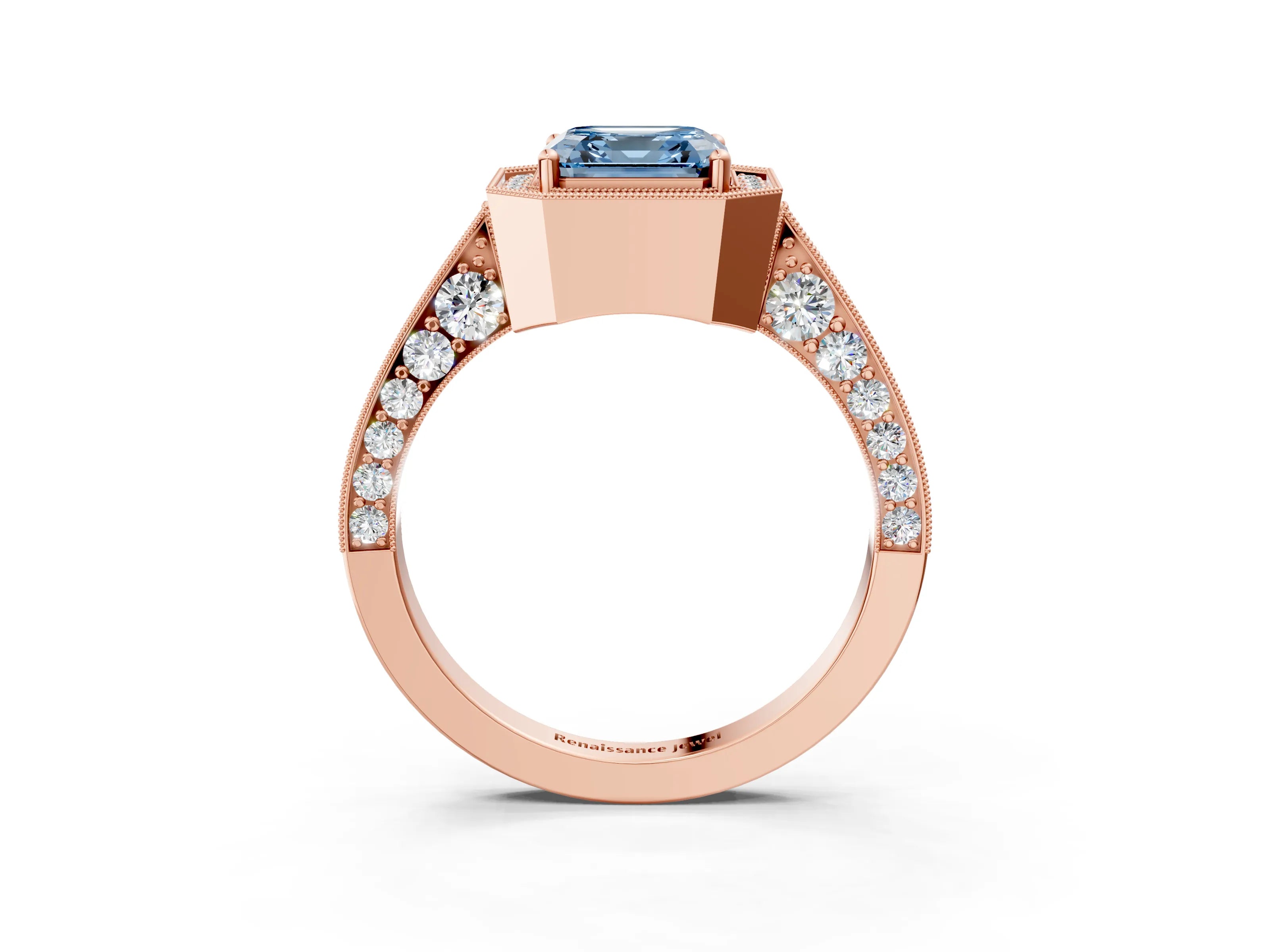 Rose gold Fancy Blue Asscher Cut Halo Diamond Engagement Ring with Split Shank Band and Four-Prong Setting_3