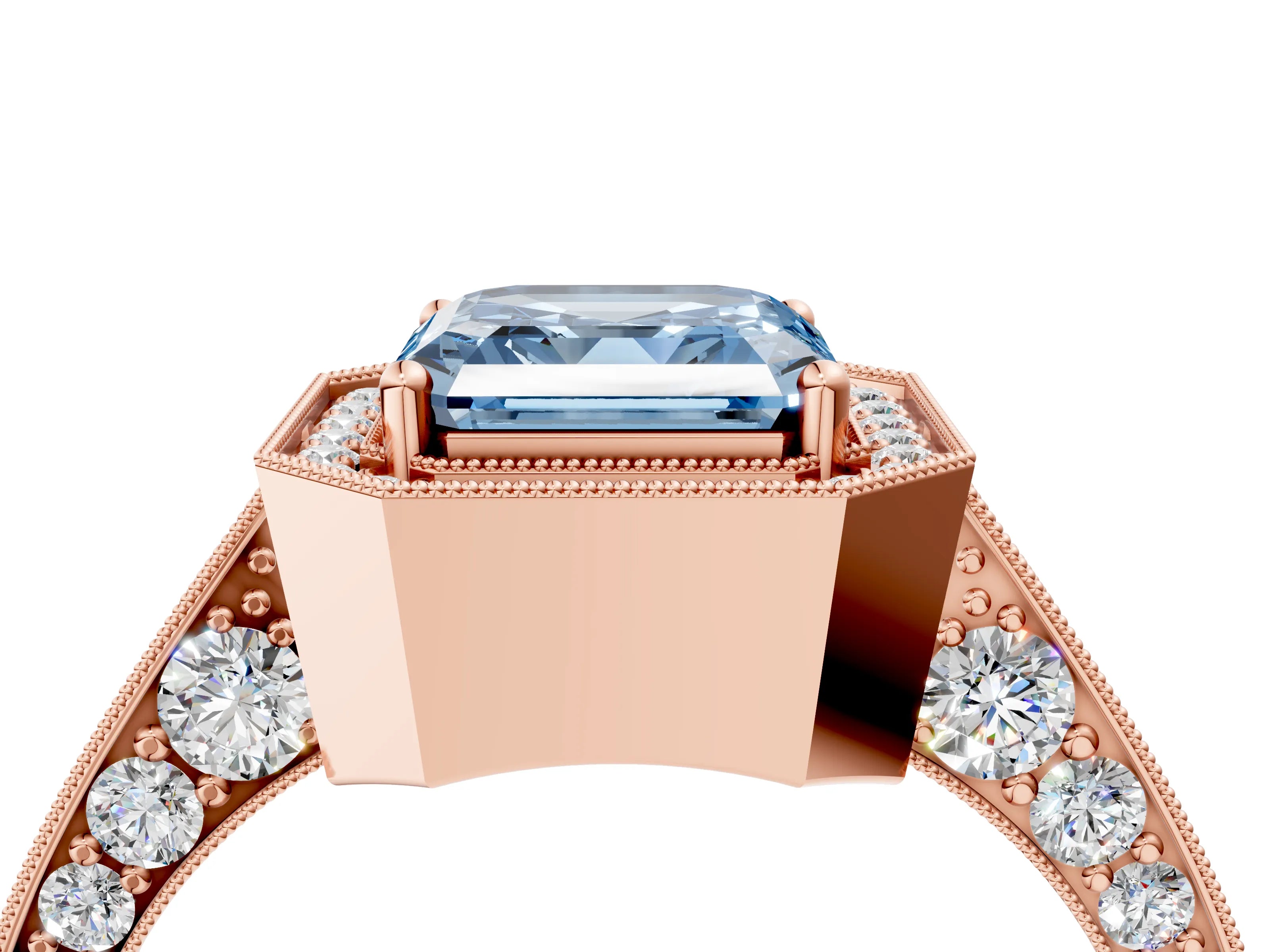 Rose gold Fancy Blue Asscher Cut Halo Diamond Engagement Ring with Split Shank Band and Four-Prong Setting_4