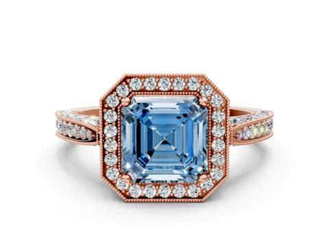 Rose gold Fancy Blue Asscher Cut Halo Diamond Engagement Ring with Split Shank Band and Four-Prong Setting