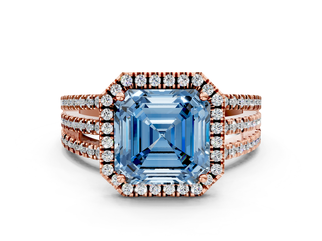 Rose gold Fancy Blue Asscher  Cut Halo Diamond Engagement Ring with Split Shank and Four-Prong Setting_50