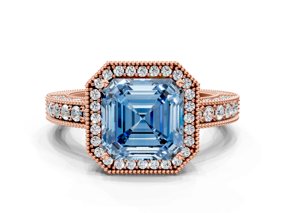 Rose gold Fancy Blue Asscher  Cut Halo Diamond Pave Band Ring with Four-Prong Setting
