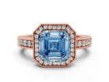 Rose gold Fancy Blue Asscher  Cut Halo Diamond Pave Band Ring with Four-Prong Setting