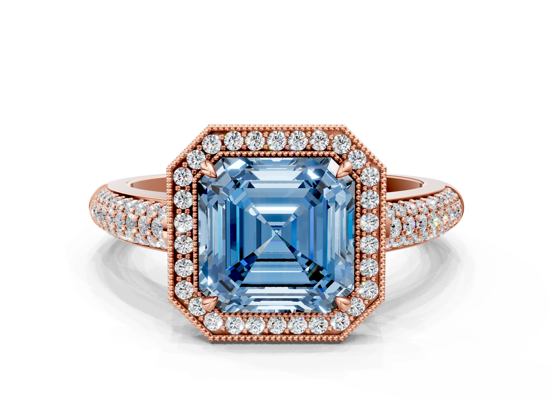 Rose gold Fancy Blue Asscher  Cut Halo Diamond Pave Band with Four-Prong Setting_17