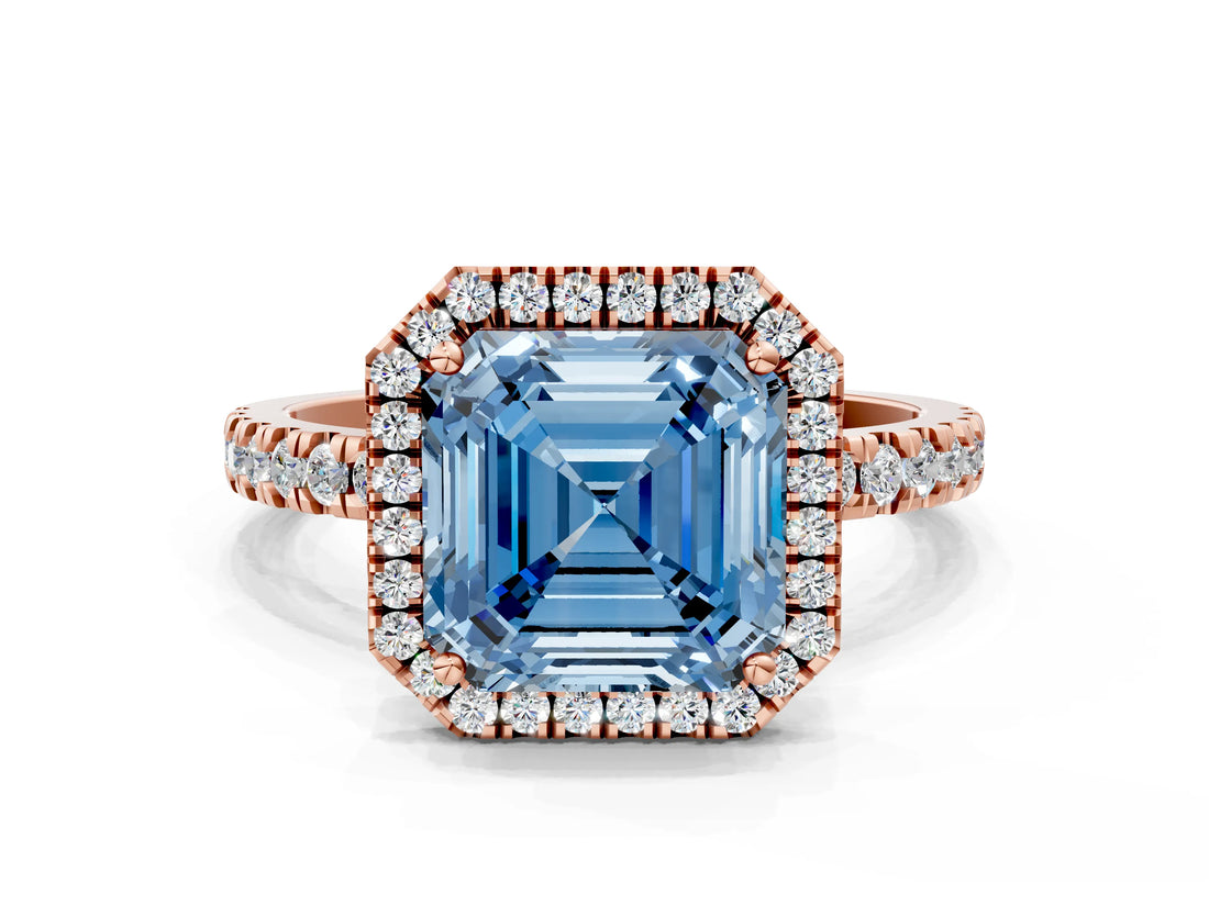 Rose gold Fancy Blue Asscher Cut Halo Diamond Pave Band with Prong Setting