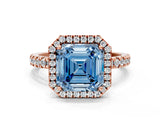 Rose gold Fancy Blue Asscher Cut Halo Diamond Pave Band with Prong Setting