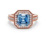 Rose gold Fancy Blue Asscher Cut Halo Diamond Ring with Beaded Split Shank and Four-Prong Setting