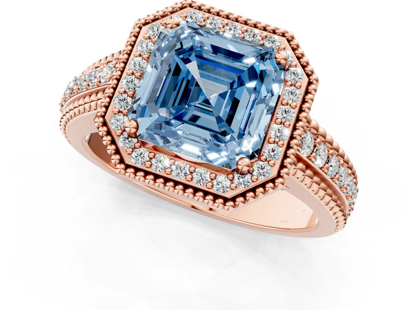 Rose Gold Asscher Cut Beaded Halo Engagement Ring Setting for Fancy Blue Center with Pave