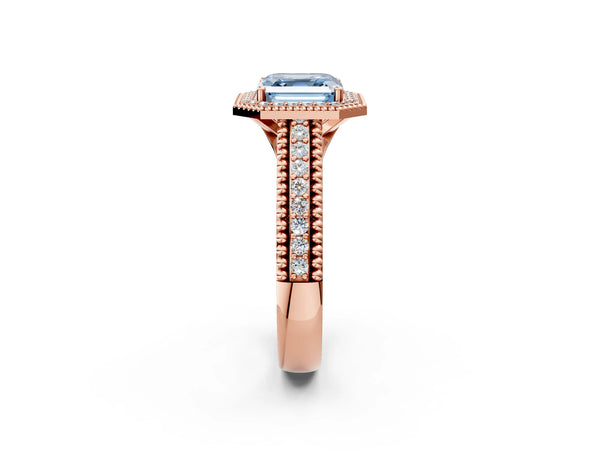Rose Gold Asscher Cut Beaded Halo Engagement Ring Setting for Fancy Blue Center with Pave