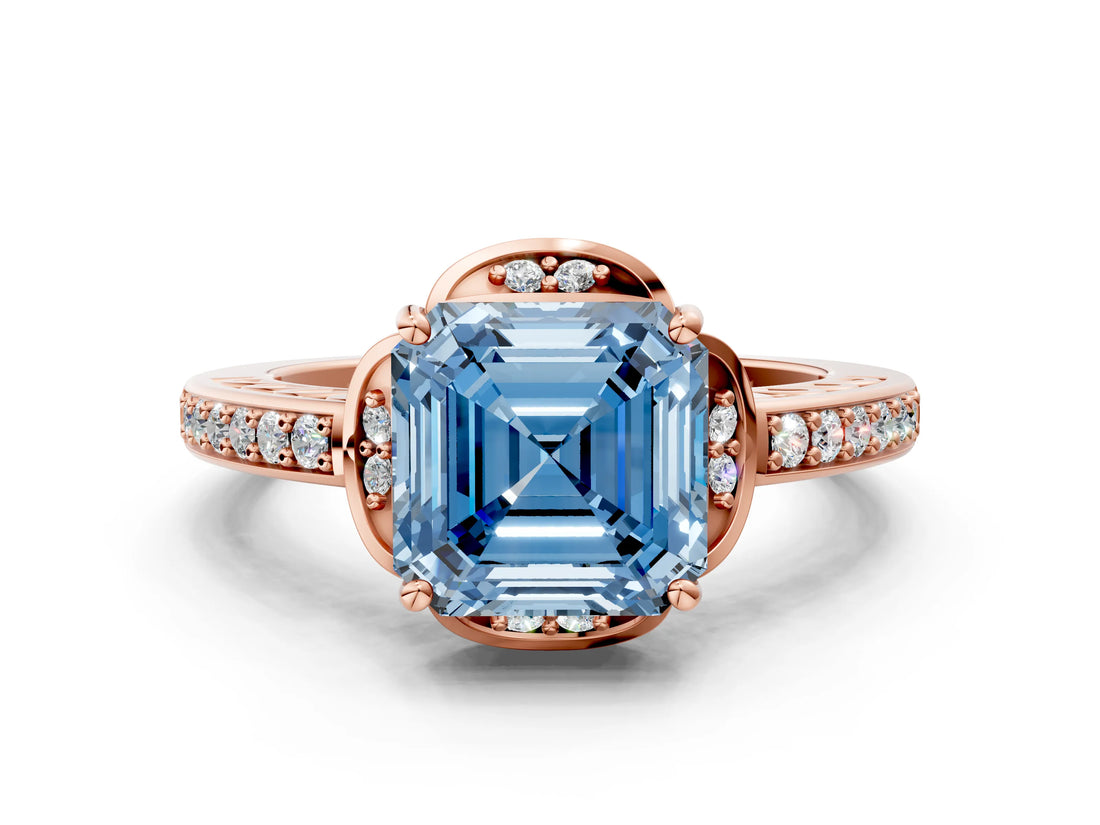 Rose gold Fancy Blue Asscher  Cut Halo Diamond Ring with Channel Set Band and Four-Prong Setting_47