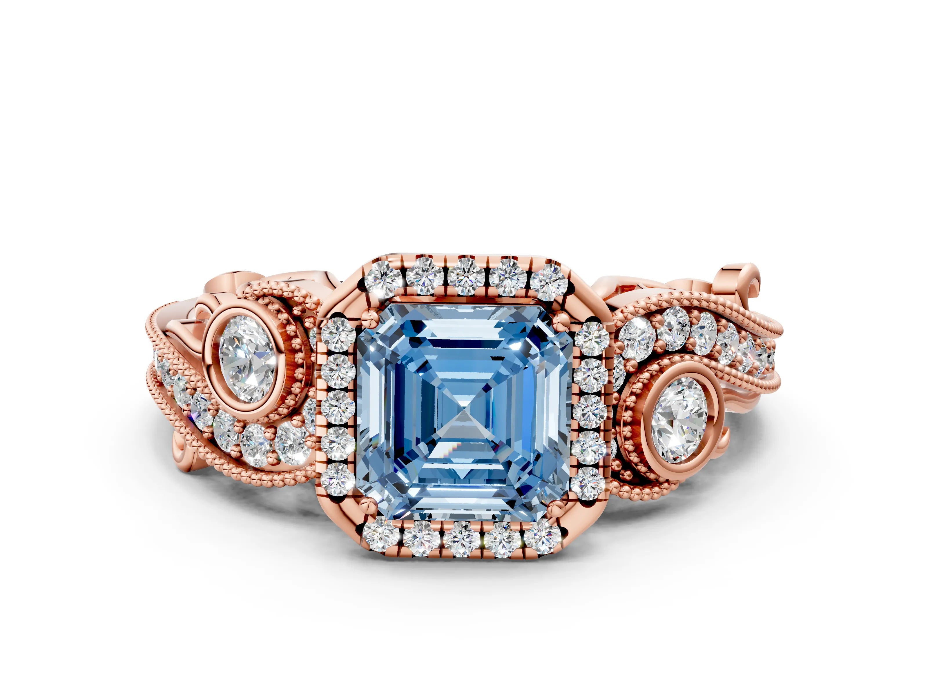 Rose gold Fancy Blue Asscher Cut Halo Diamond Ring with Milgrain and Bezel Accents on a Split Shank Band