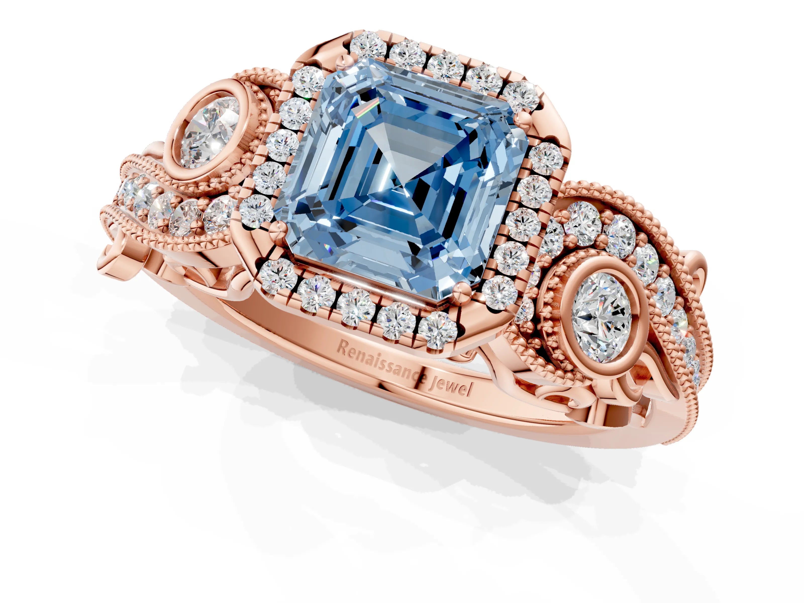 Rose gold Fancy Blue Asscher Cut Halo Diamond Ring with Milgrain and Bezel Accents on a Split Shank Band_1
