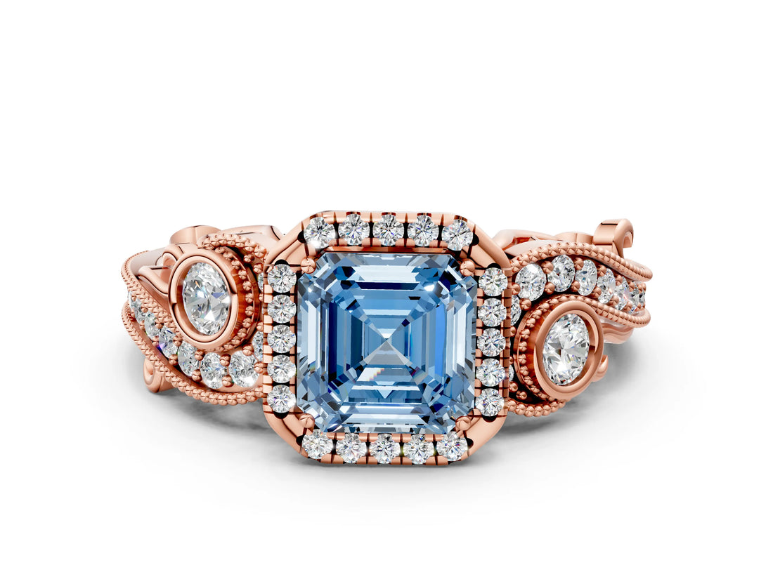 Rose gold Fancy Blue Asscher Cut Halo Diamond Ring with Milgrain and Bezel Accents on a Split Shank Band_12