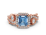Rose gold Fancy Blue Asscher Cut Halo Diamond Ring with Milgrain and Bezel Accents on a Split Shank Band_12