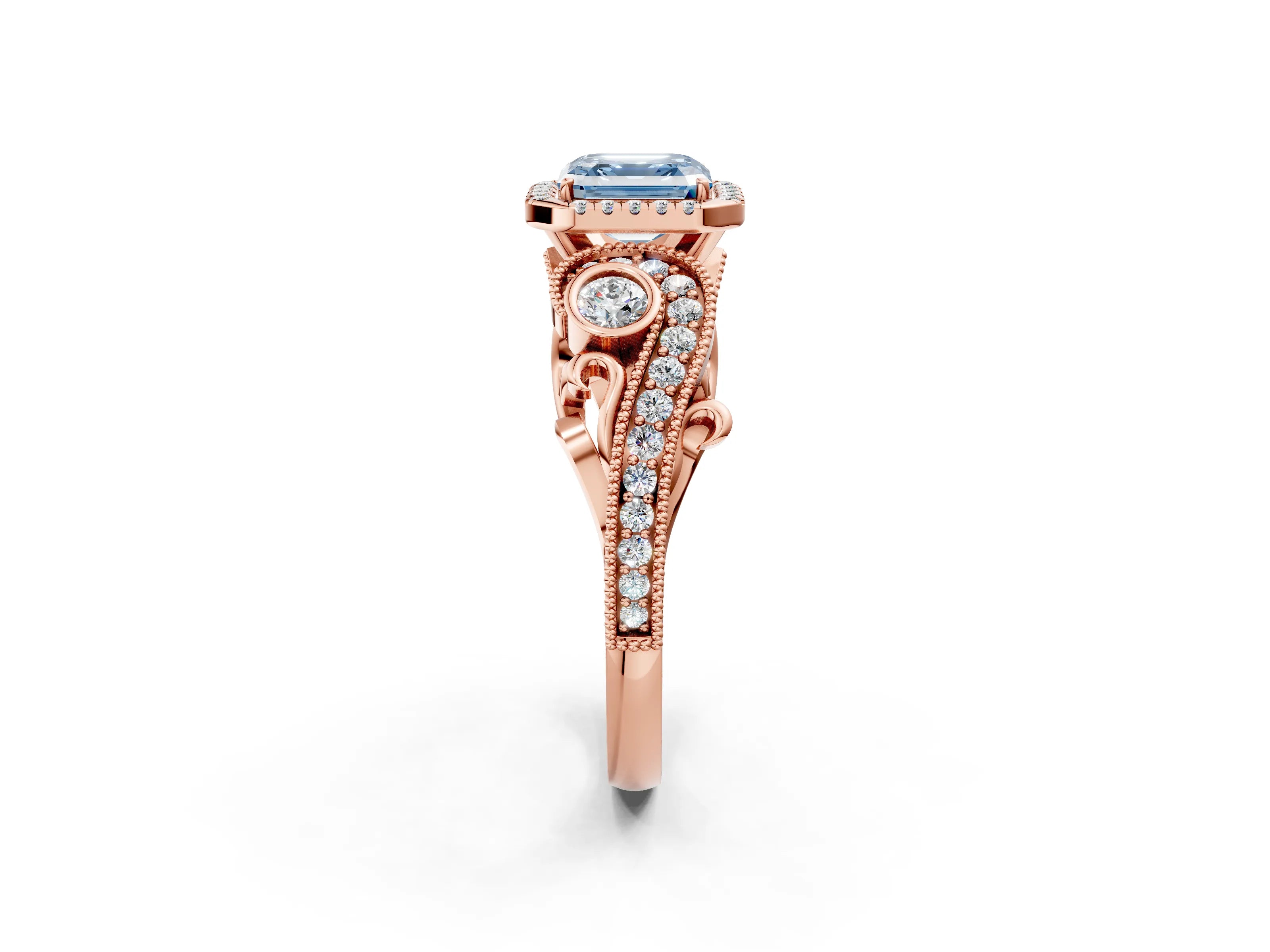 Rose gold Fancy Blue Asscher Cut Halo Diamond Ring with Milgrain and Bezel Accents on a Split Shank Band_2