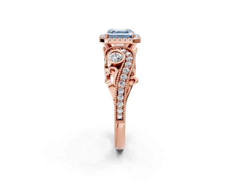 Rose gold Fancy Blue Asscher Cut Halo Diamond Ring with Milgrain and Bezel Accents on a Split Shank Band_2