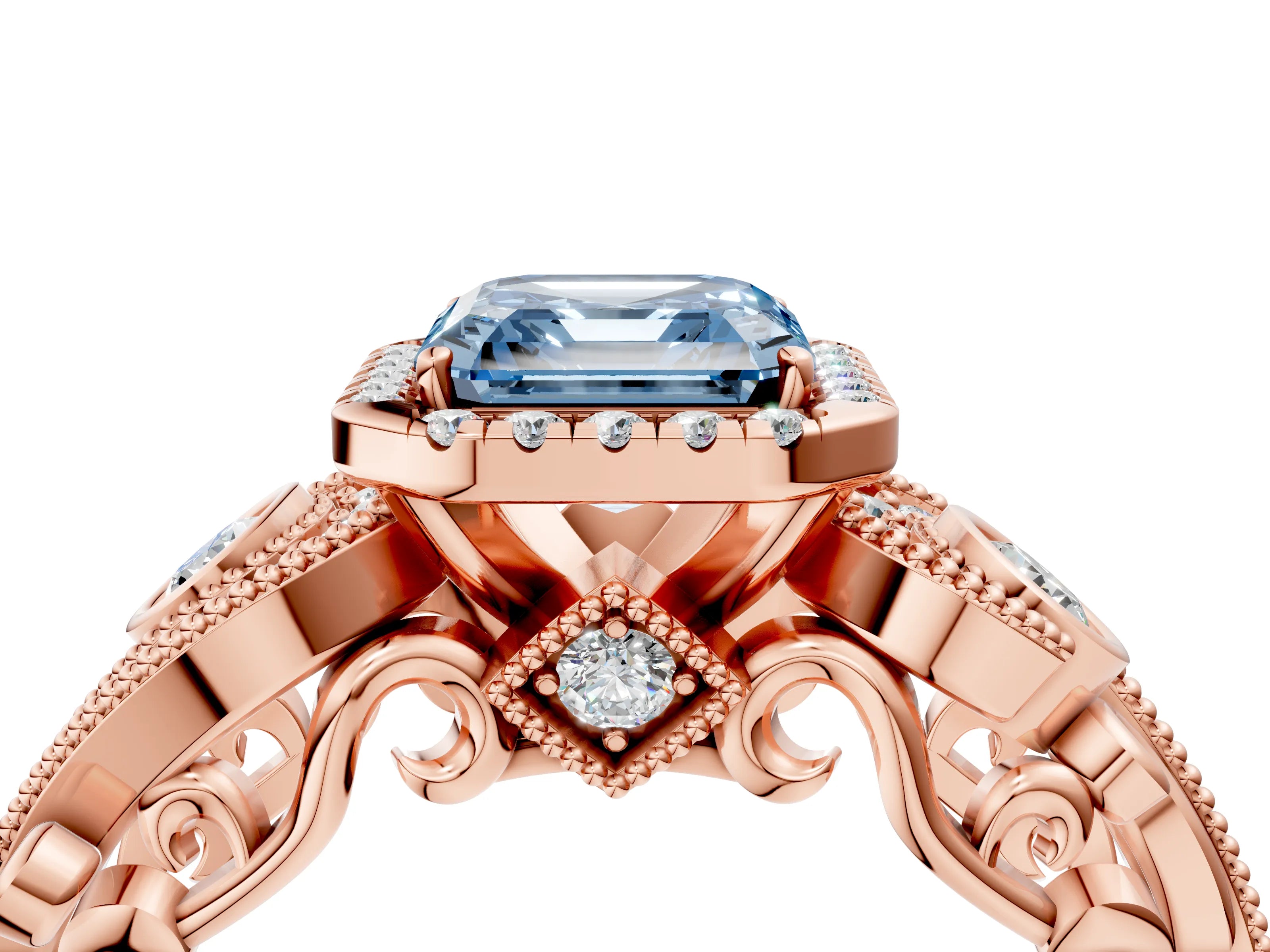 Rose gold Fancy Blue Asscher Cut Halo Diamond Ring with Milgrain and Bezel Accents on a Split Shank Band_4