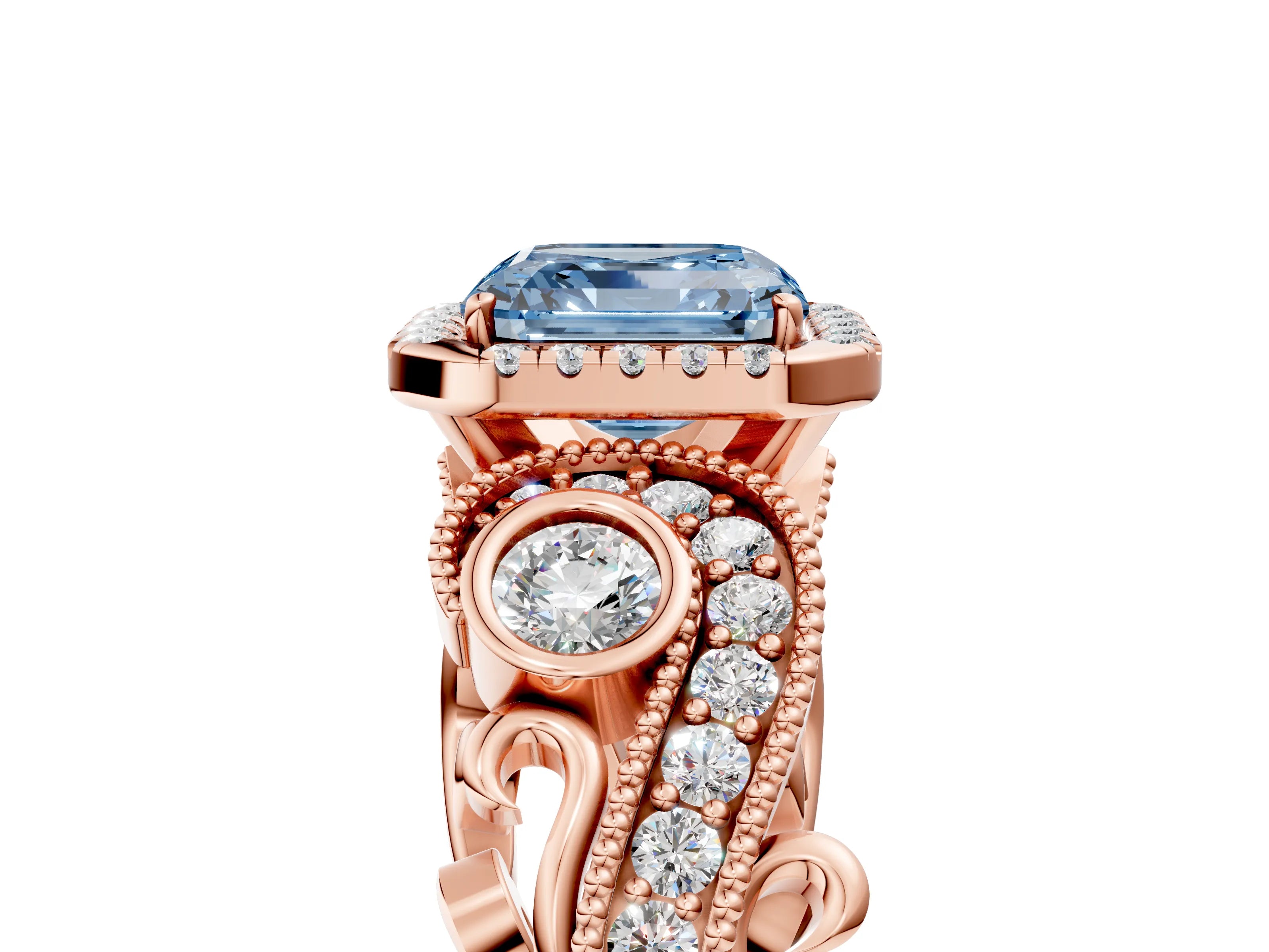 Rose gold Fancy Blue Asscher Cut Halo Diamond Ring with Milgrain and Bezel Accents on a Split Shank Band_5