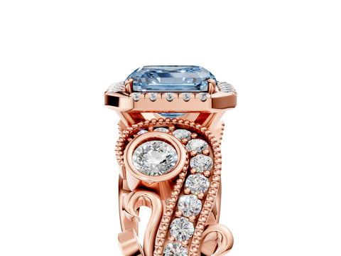 Rose gold Fancy Blue Asscher Cut Halo Diamond Ring with Milgrain and Bezel Accents on a Split Shank Band_5